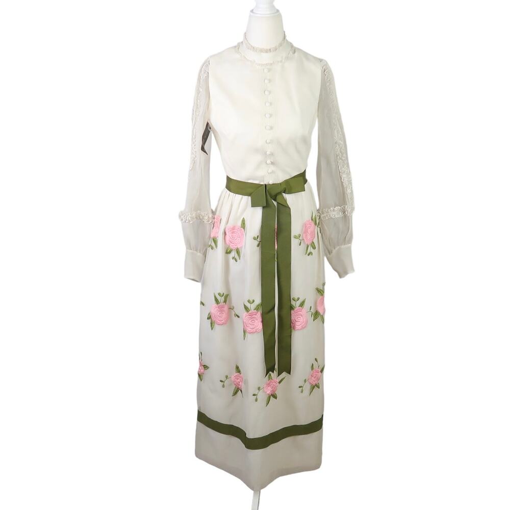 Vintage 60s Jack Bryan cream pink floral embroidered formal maxi dress 8